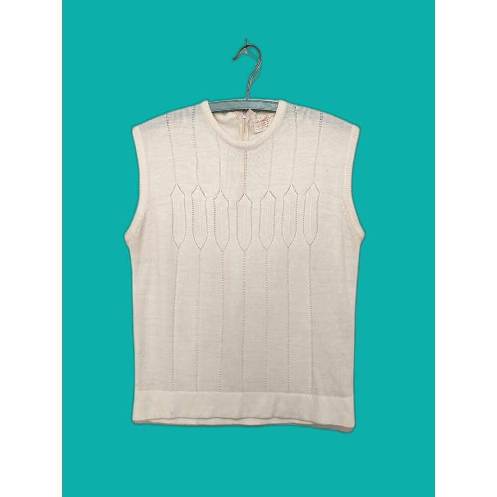 Ivory Vintage 1960s Pointelle Back Zip Sweater Sleeveless Shell M B38 Acrylic